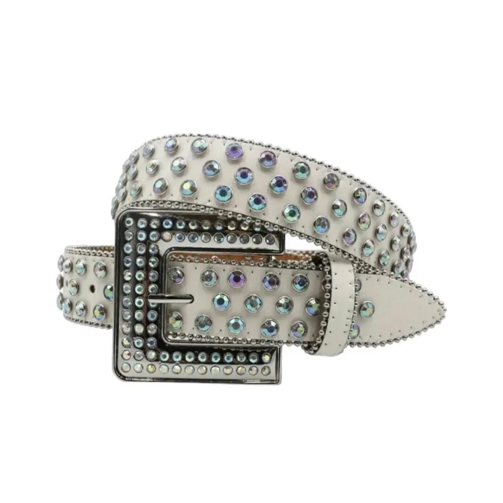 Men’s White Diamond Rhinestone Leather Square Buckle Belt Size 42 - Picture 1 of 6